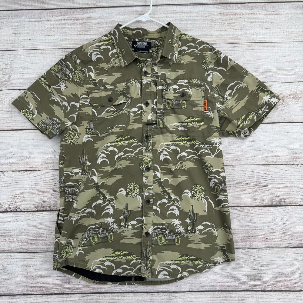Off the Grid Baja Mexico Print‎ Vented Button Down Shirt Mens Large Green Beige